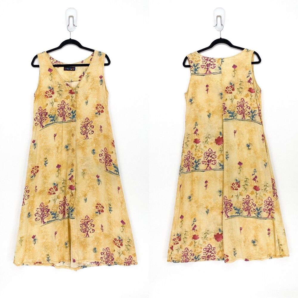 VTG JAMS WORLD Women S Dress Yellow Floral V Neck Midi Tank Button Hawaiian